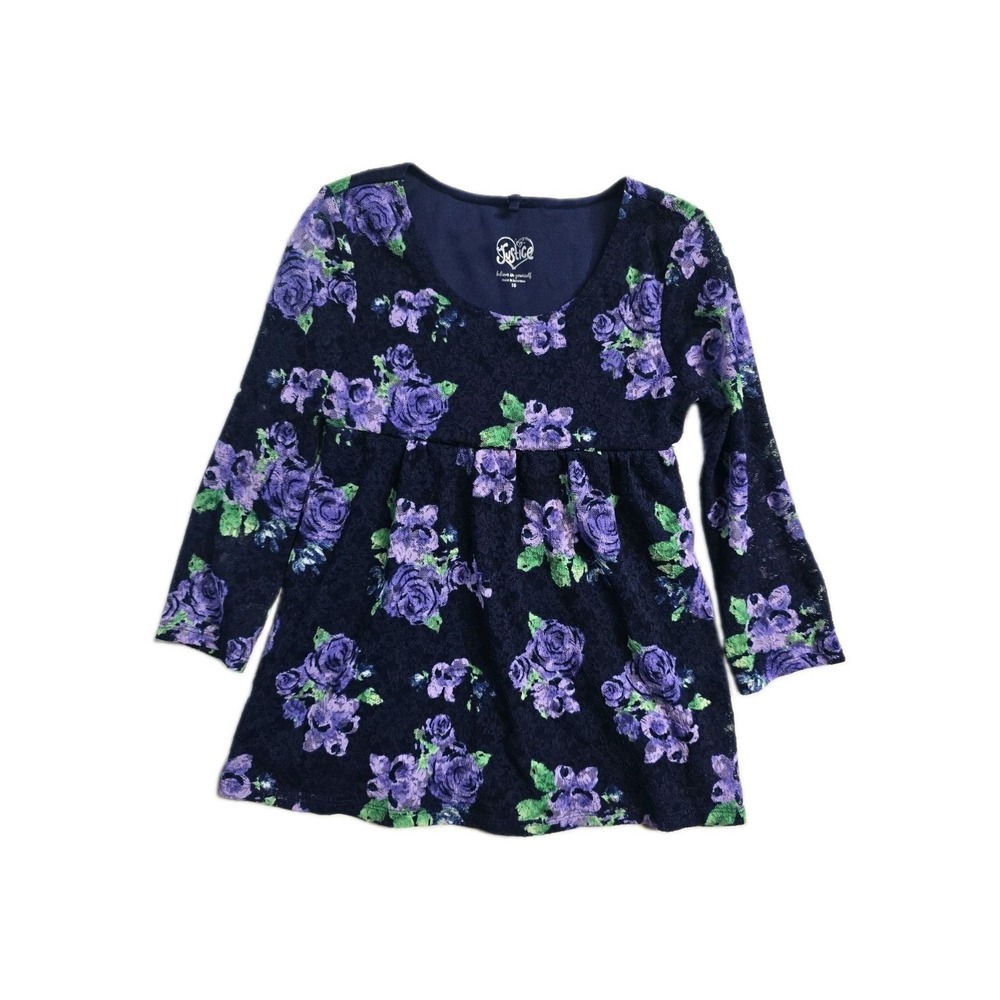 Justice Y2K Girls Babydoll Top Long-Sleeve 10 Blue Floral